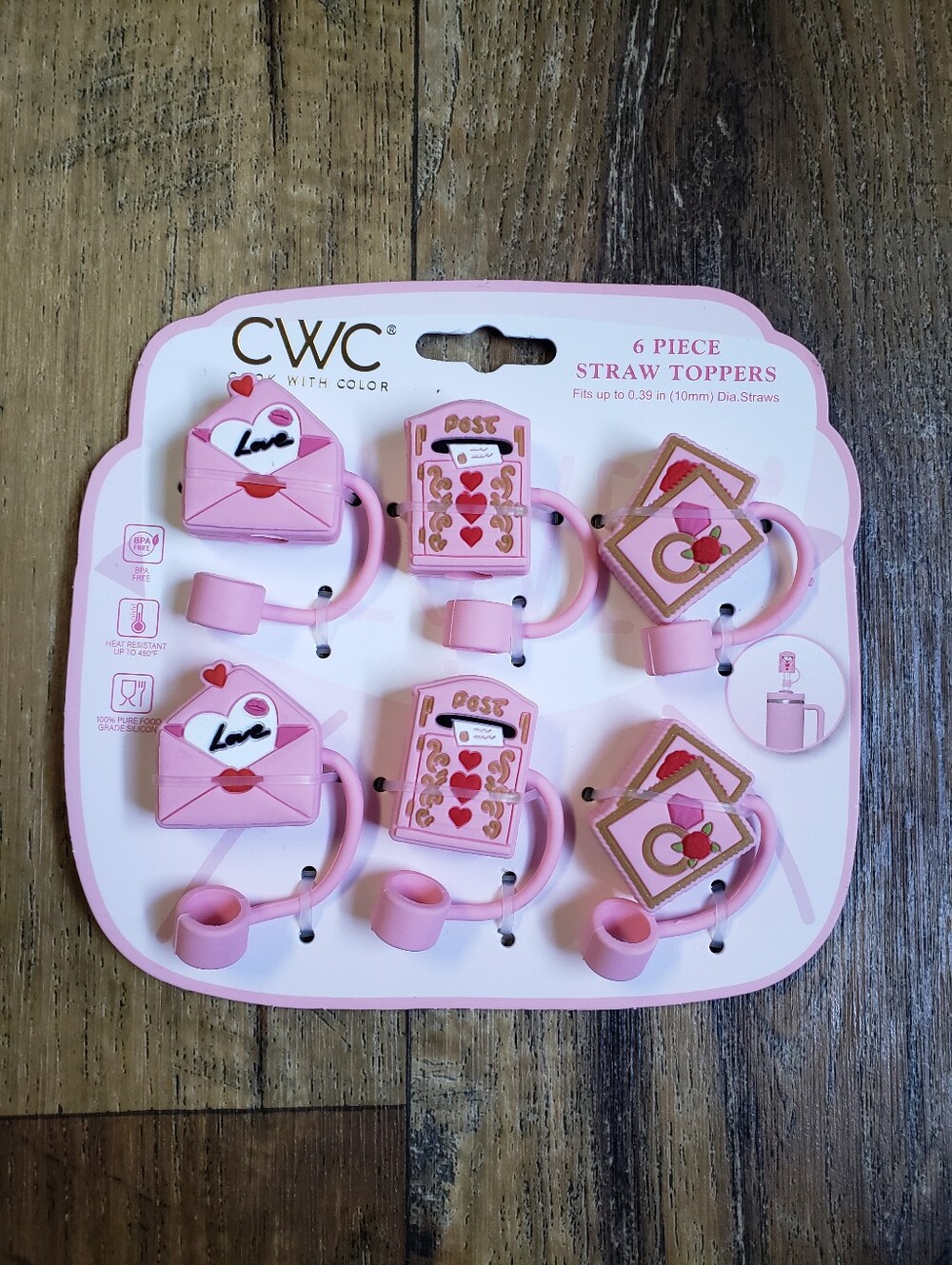 CWC Pink Valentine's Day Straw Toppers - 6 Piece Set